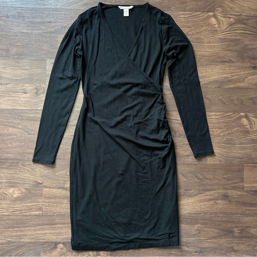 Banana Republic Black V Neck Faux Wrap Long Sleeve Dress